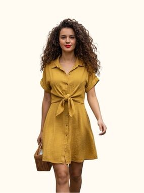 Fashion on Earth Mustard Yellow Linen Blend Tie-Front Mini Dress - Size M